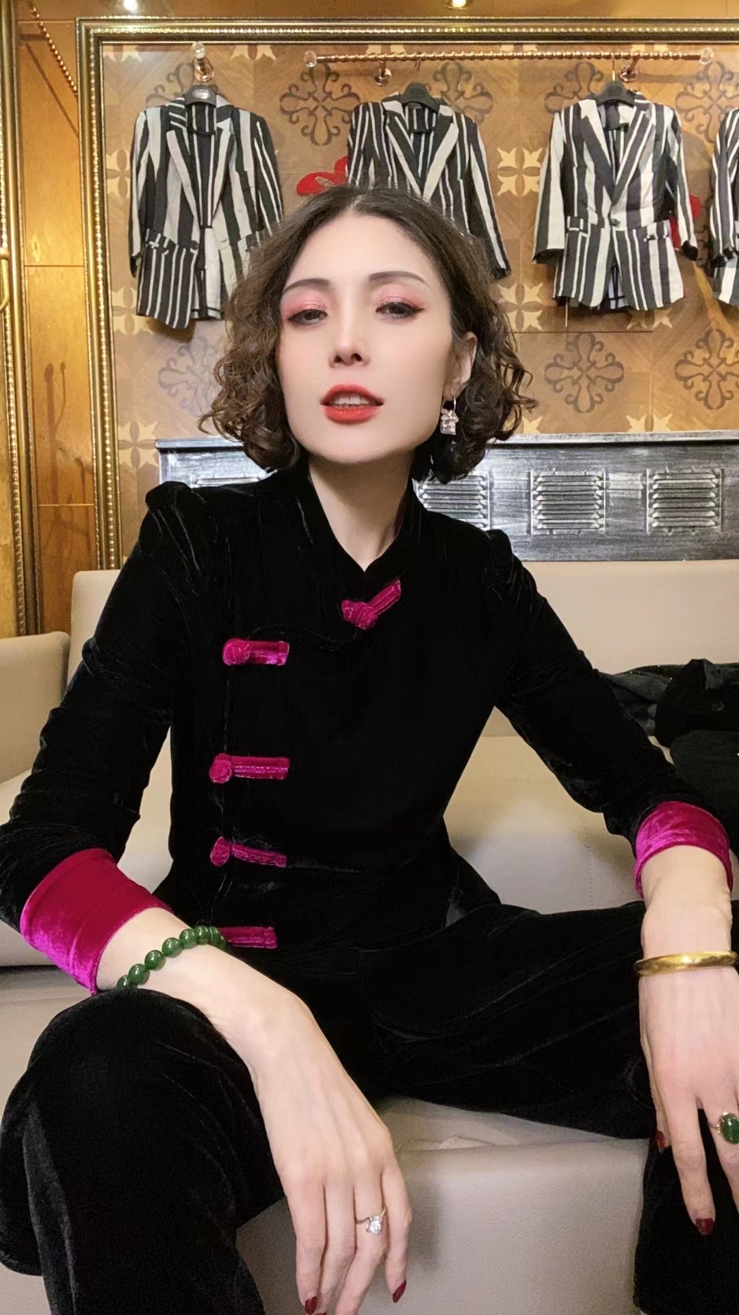 （现货）2025新款唐装丝绒弹力拼色打底衫991