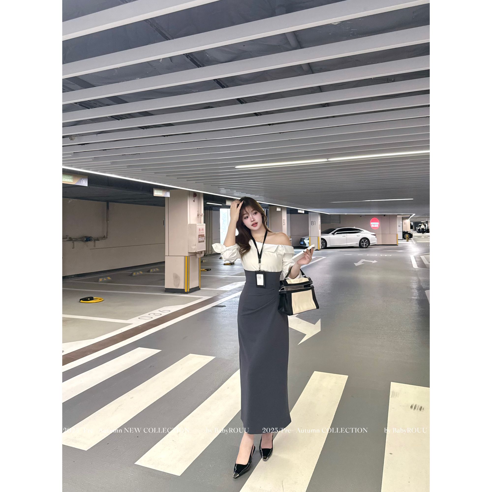 【巴黎雾色】温与柔时尚套装拼接法式开叉收腰都市风简约包臀连衣裙