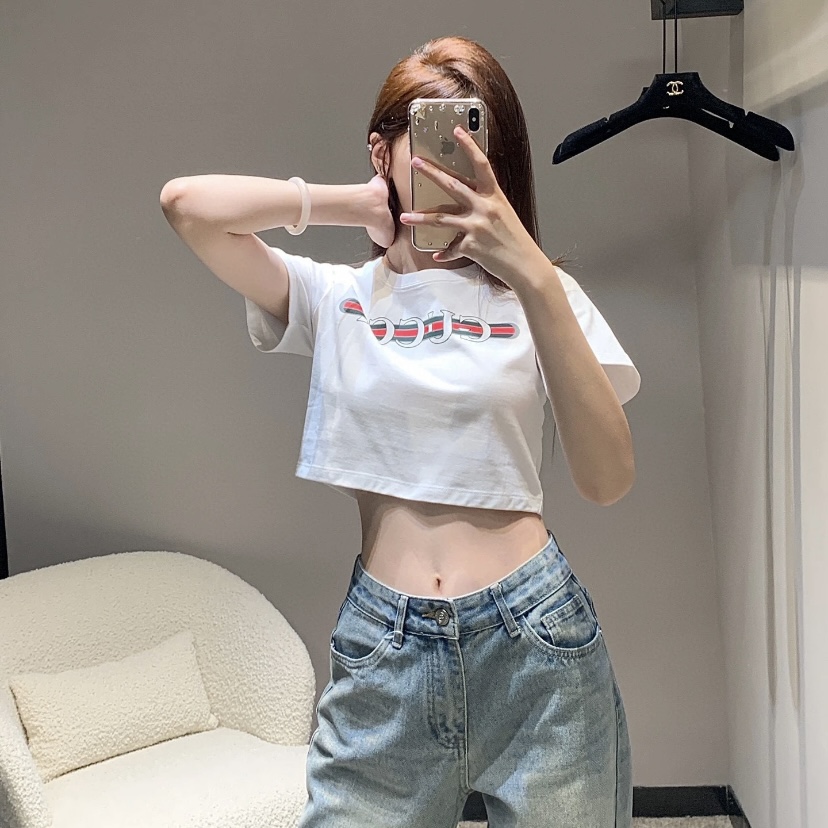 未使用 GUCCI/古驰 古驰字母印花红绿织带短款ins短袖T恤女装上衣