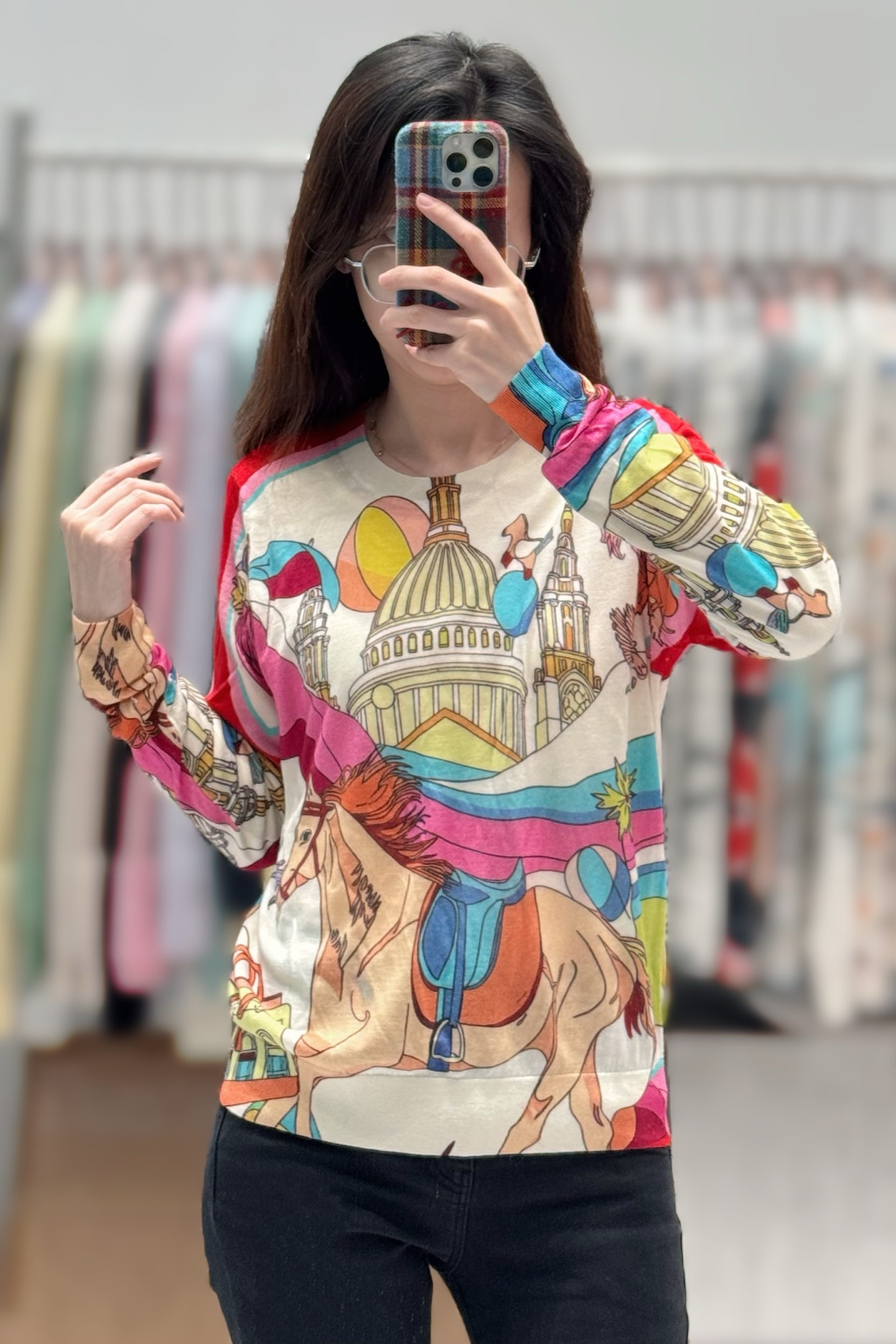 【寶姐专属】《马与卢浮宫》印花套头圆领羊毛杨子纱120支-18针顶版