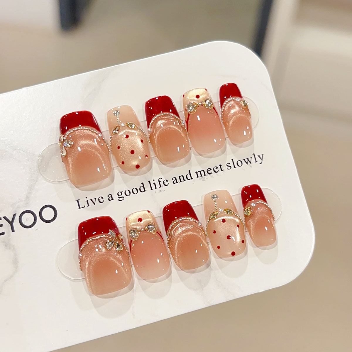 【法式甜酒】纯手工猫眼波点红色法式显白穿戴甲反复美甲穿戴美甲