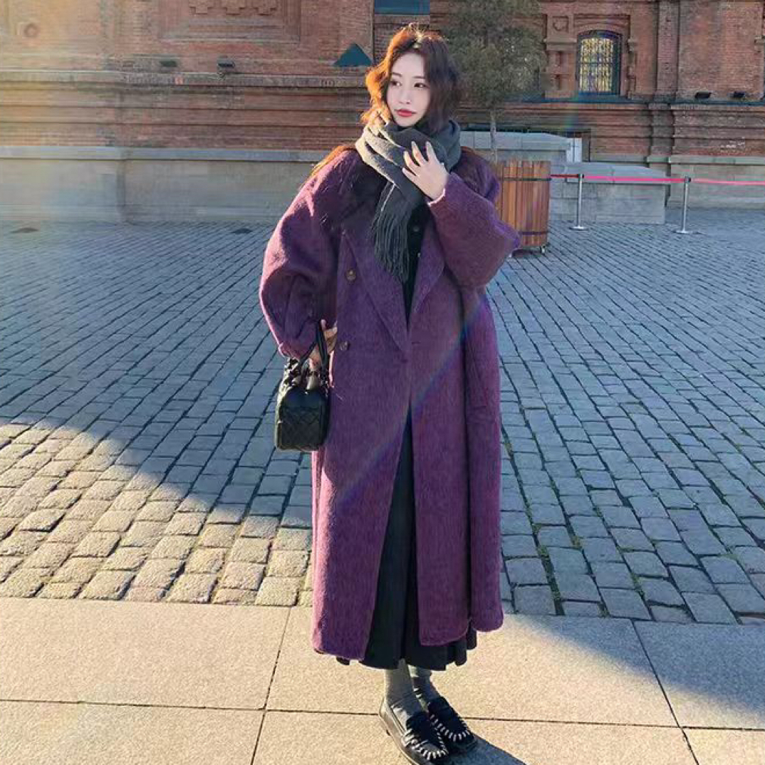 高级感紫色双面呢大衣女冬长款翻领廓形气质宽松显瘦外套
