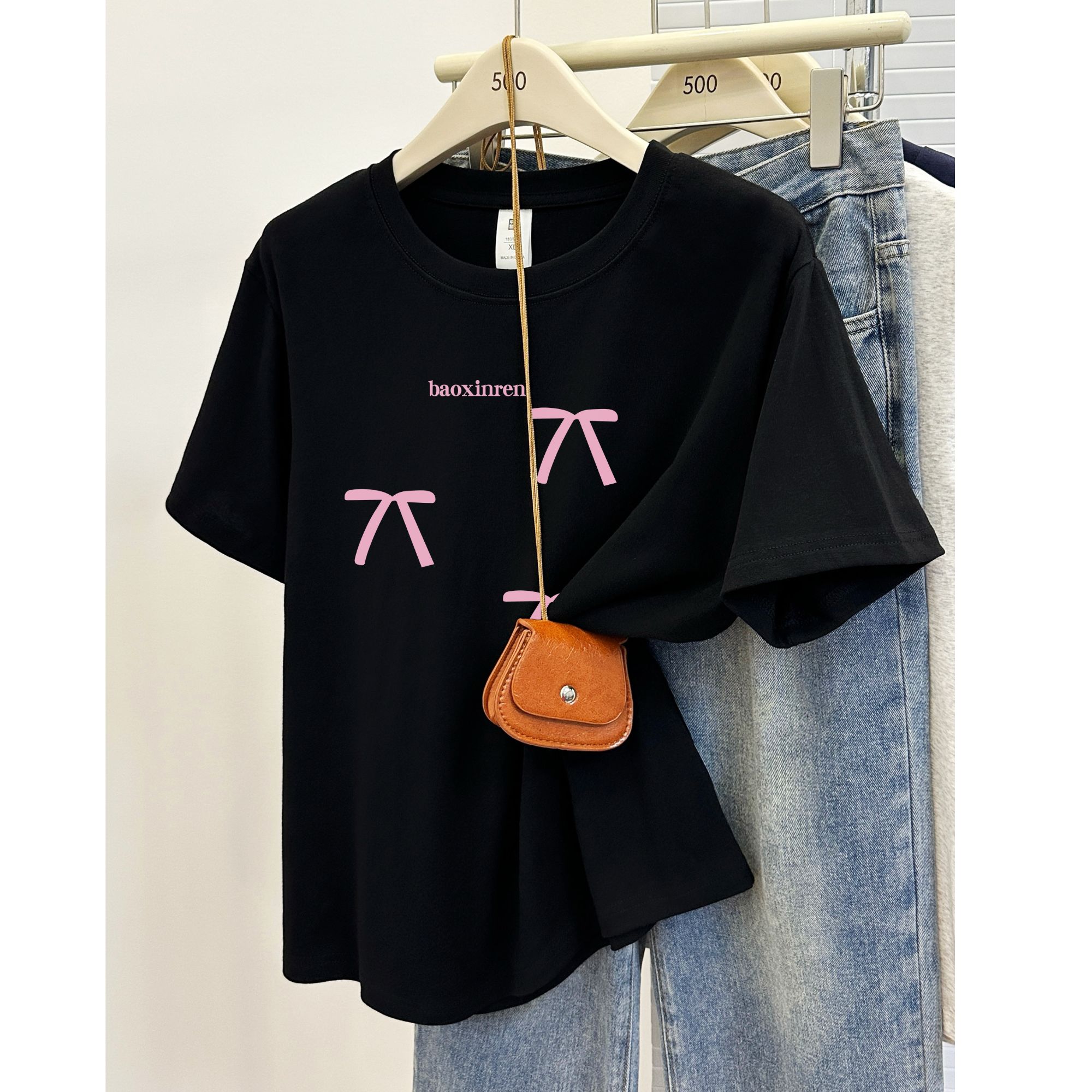 大码女装韩系ins蝴蝶结印花正肩短袖T恤女夏季新款圆领显瘦上衣女