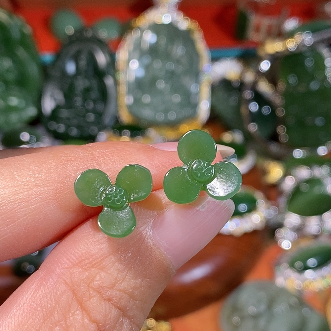 和田玉（碧玉）银S925镶嵌耳饰