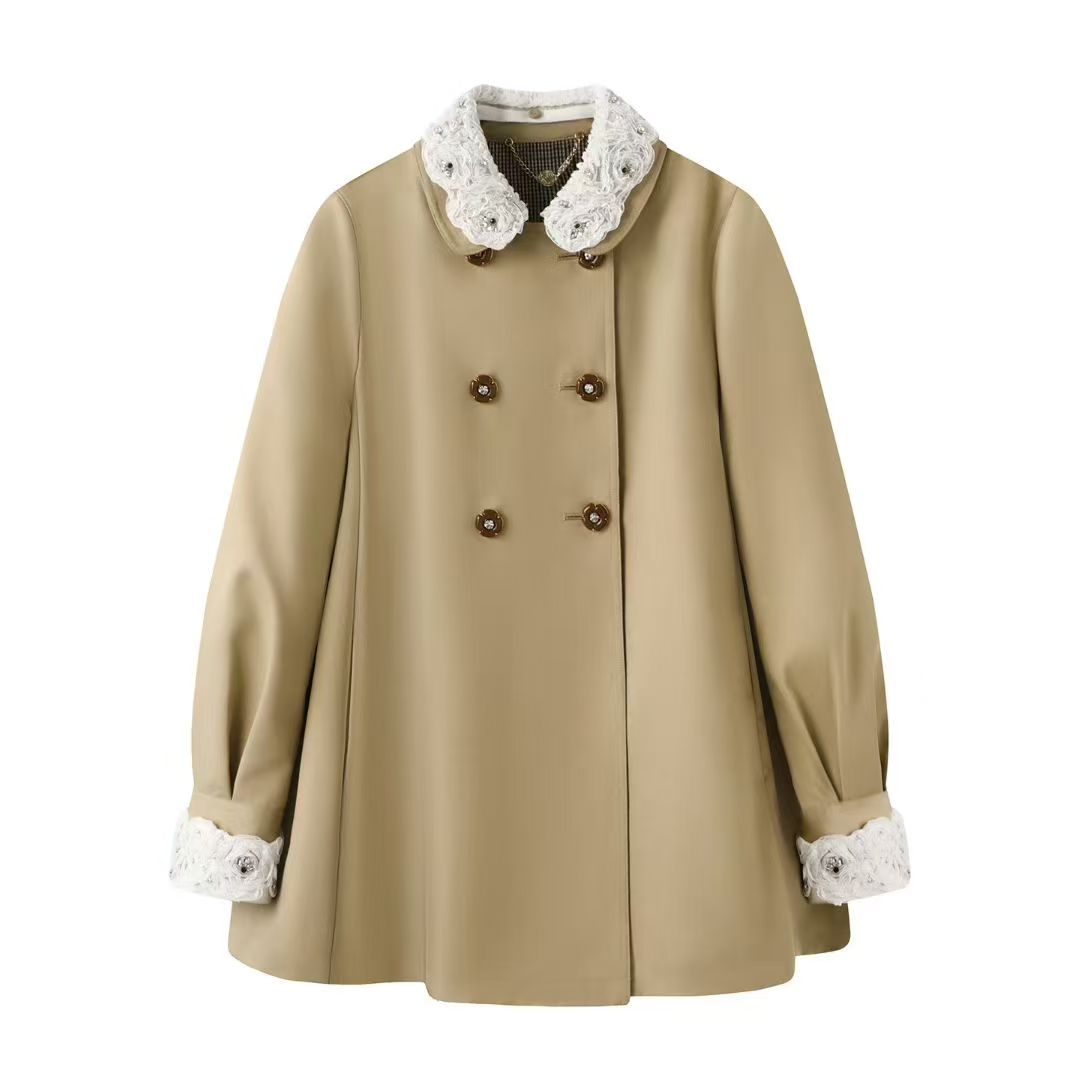 2025秋款蕾丝娃娃领中长款双排扣卡其色风衣外套女