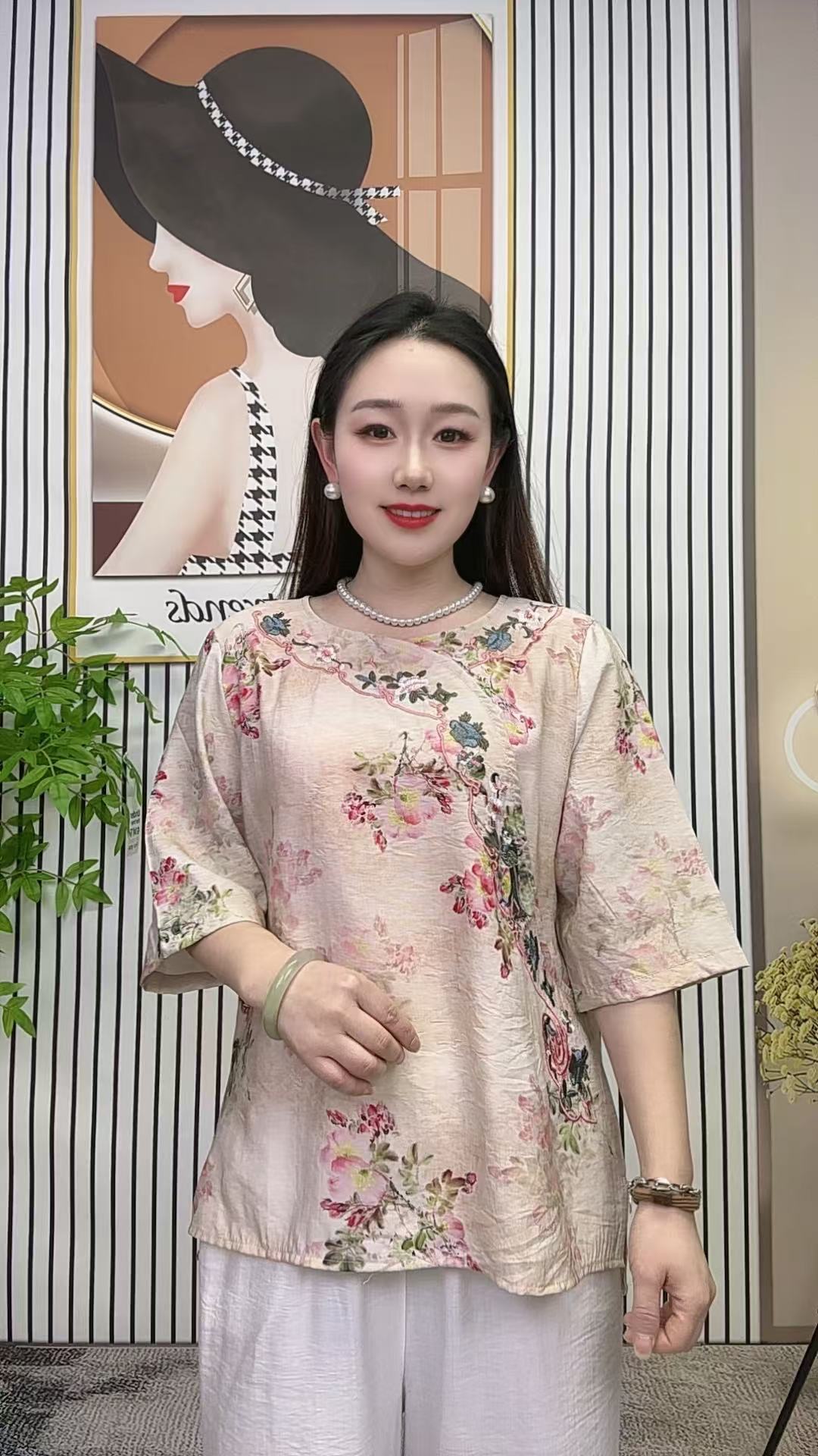 新中式妈妈装斜襟刺绣衬衫时尚国风女装复古宽松高级气质套头衫