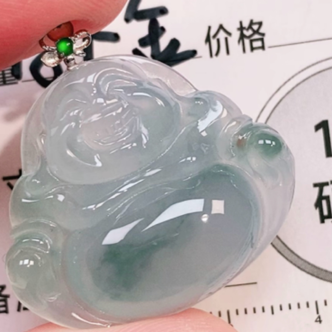 天然A货冰种飘花佛公18k金镶嵌翡翠吊坠