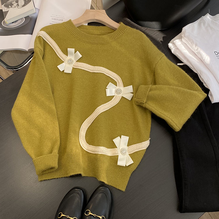 HY04014【品牌撤柜 轻奢定制】时尚圆领黄绿色编织蝴蝶结套头毛衣
