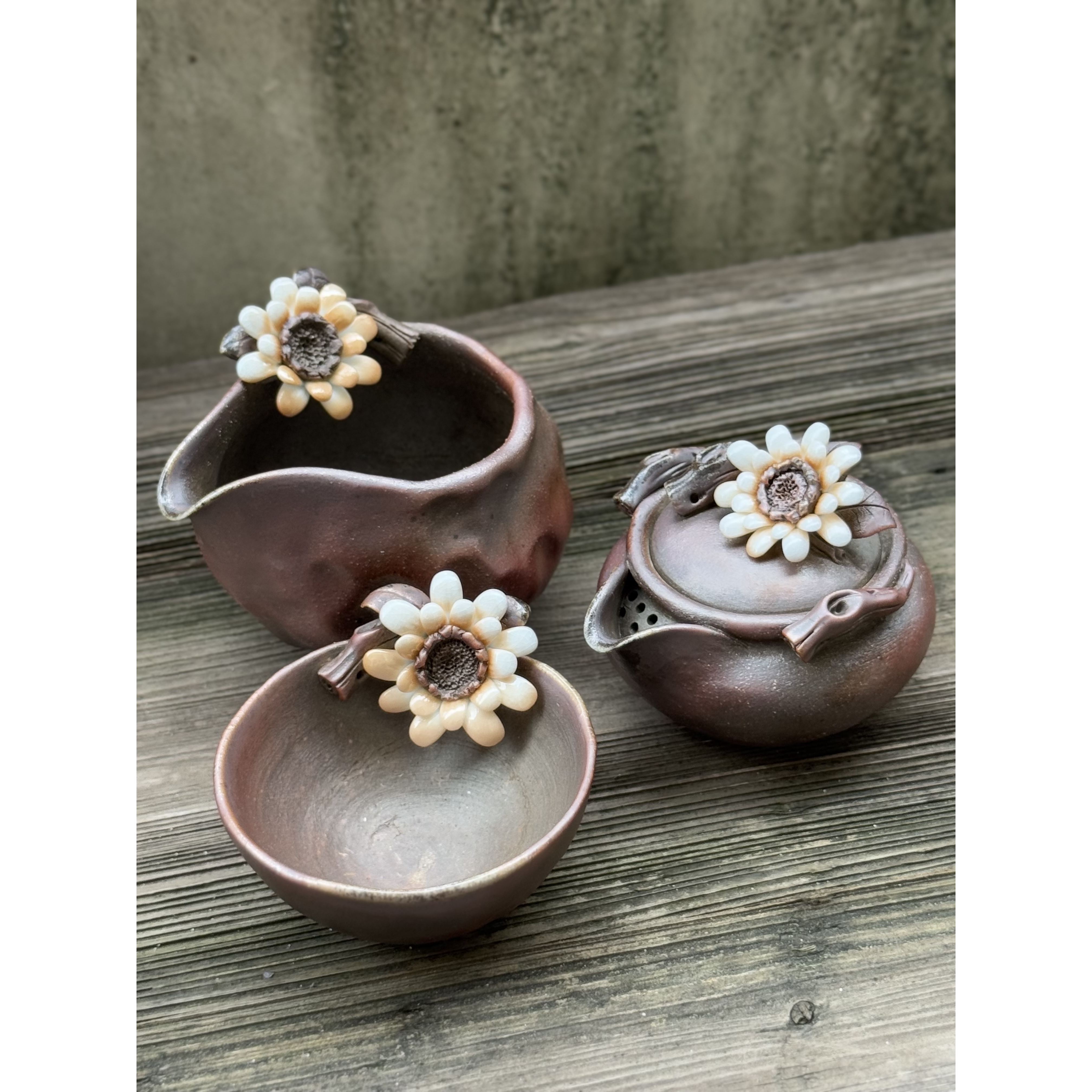 柴窑裸烧·手作陶泥雕塑高端茶器套装柴烧茶器可养彩向日葵宝瓶套