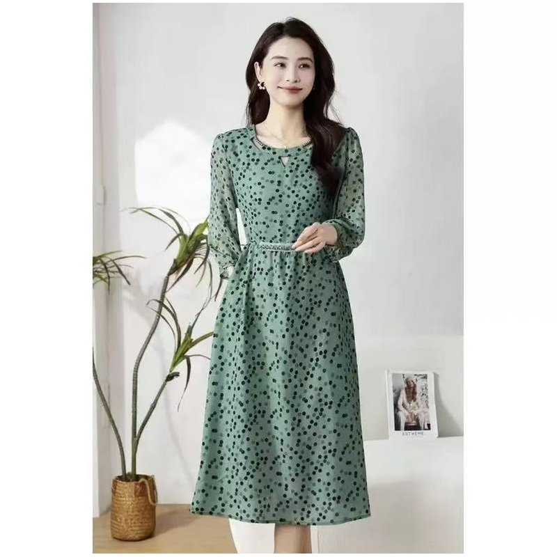 珍珠绿波点 夏季时尚轻奢亲肤透气中长款连衣裙10042
