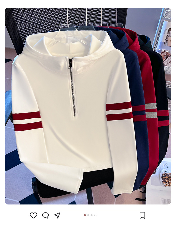 实拍磨毛拼色拉链连帽百搭长袖打底衫T恤