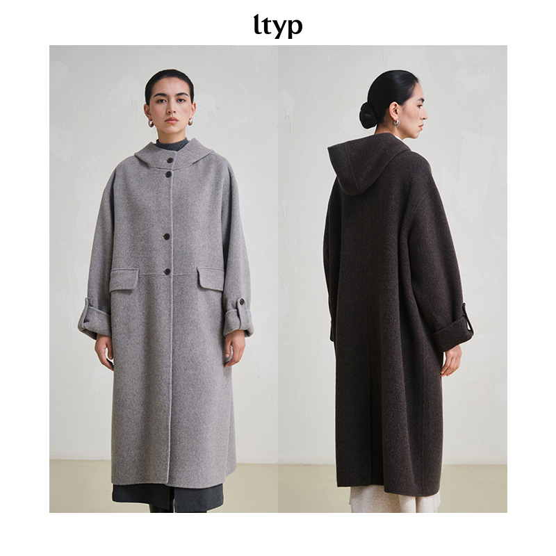 ltyp 10.1 羊绒羊毛醋酸连帽双面呢大衣灰色长款毛呢冬O112254234
