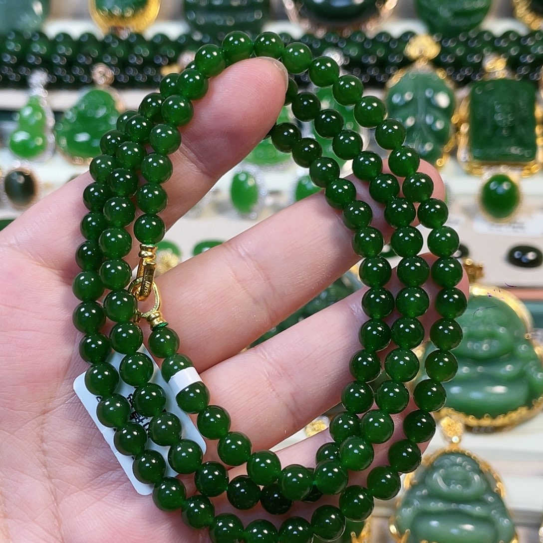 和田玉（碧玉）未镶嵌颈饰俄料辣绿珠链6mm