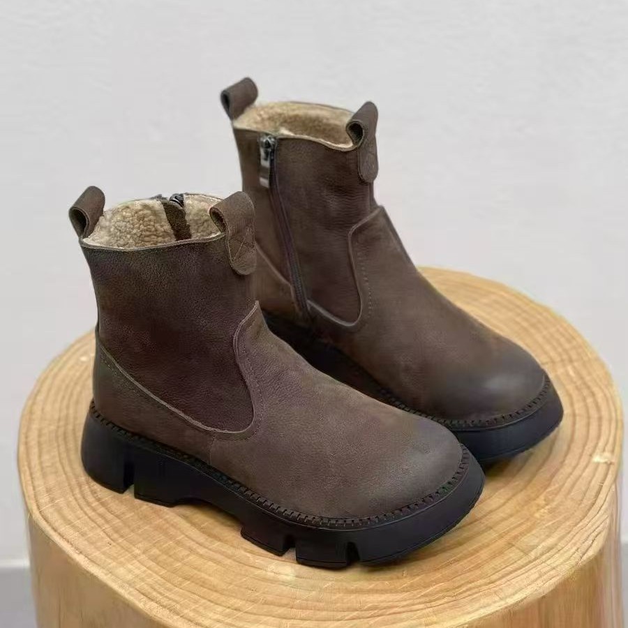 82715冬季新款百搭复古加绒纯牛皮靴