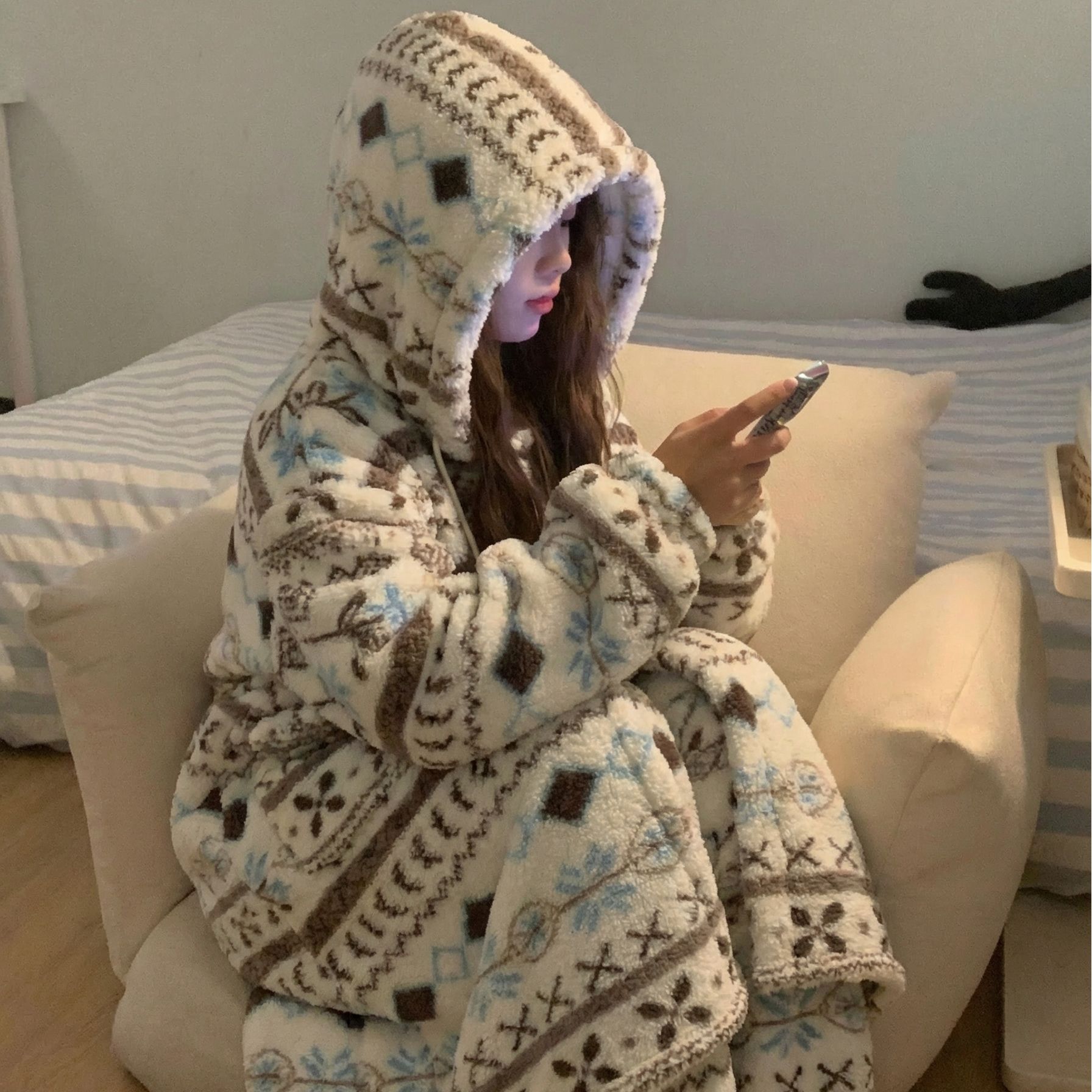 【费尔岛系列】冬季新品加绒加厚睡袍女中长款长毛绒睡衣保暖家居服