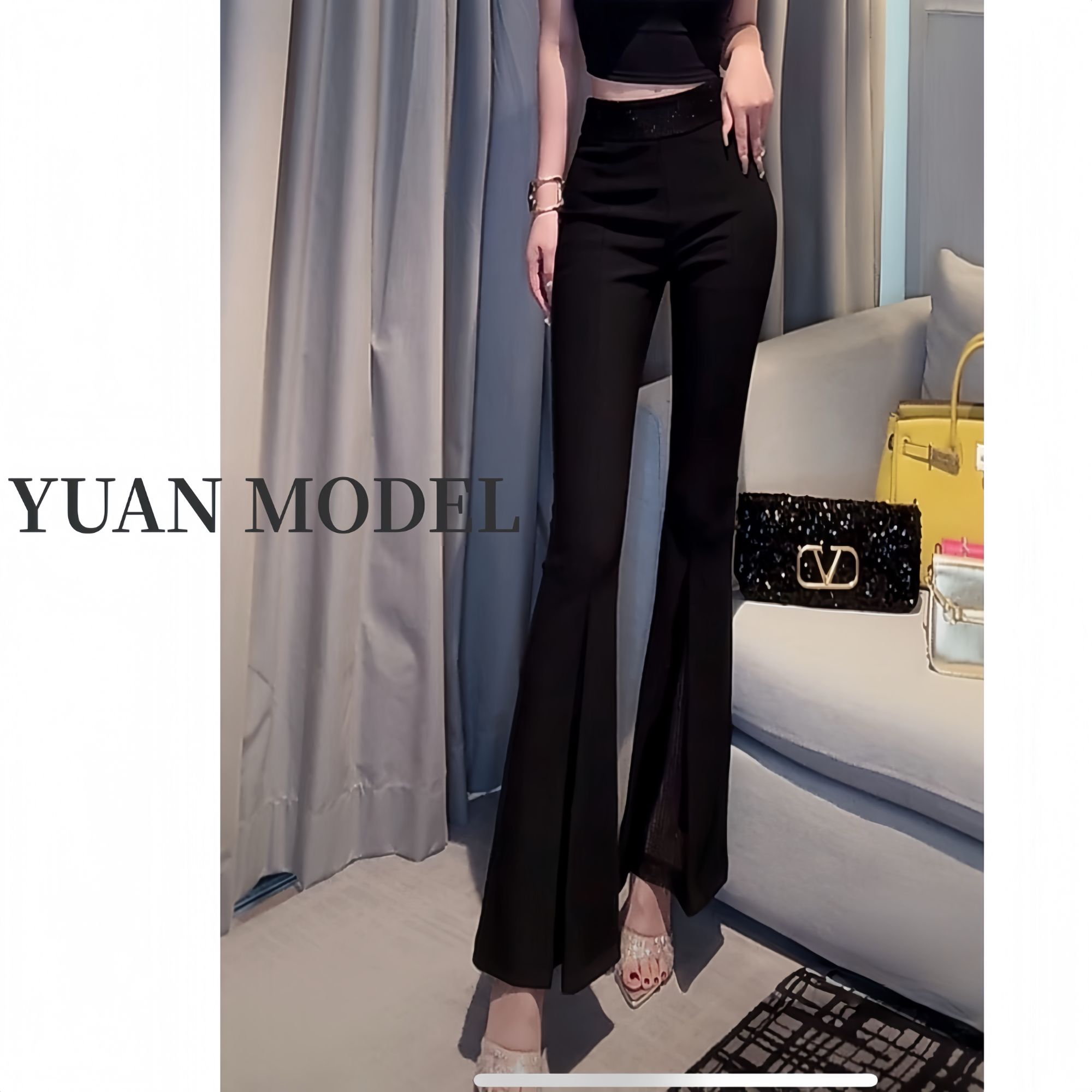 【YUAN MODEL】媛老板-2025春装裤腰烫钻微喇气质休闲裤长裤022046