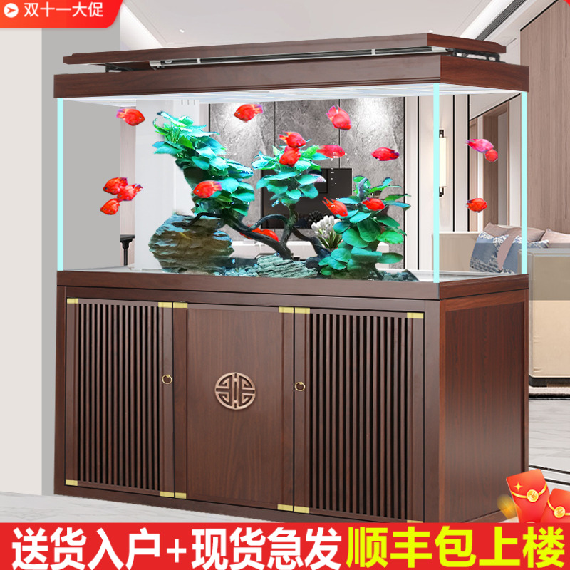 江彩鱼缸客厅2025新款中大型底滤新中式超白办公室龙鱼缸水族箱
