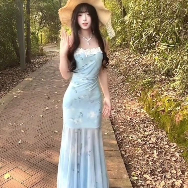超仙气绝美网纱吊带连衣裙女夏2025新款海边度假包臀鱼尾掐腰长裙