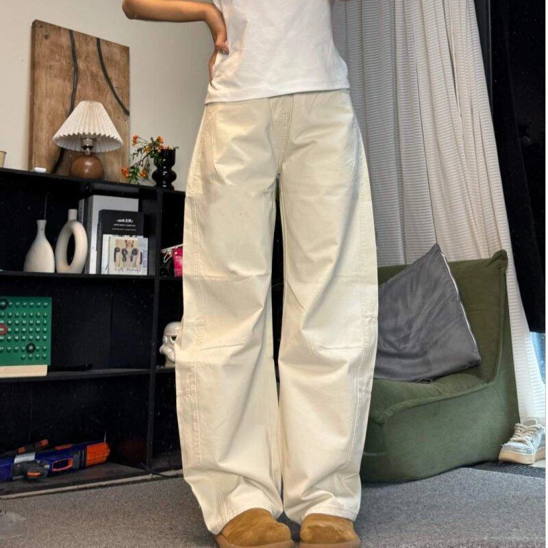 春夏美式复古洗褪baggy阔腿工装裤男女宽松直筒弯刀裤拖地长裤子