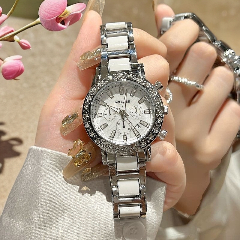 时尚女士夜光指针贝母盘石英女表圆形镶钻日记钢带表百搭S099