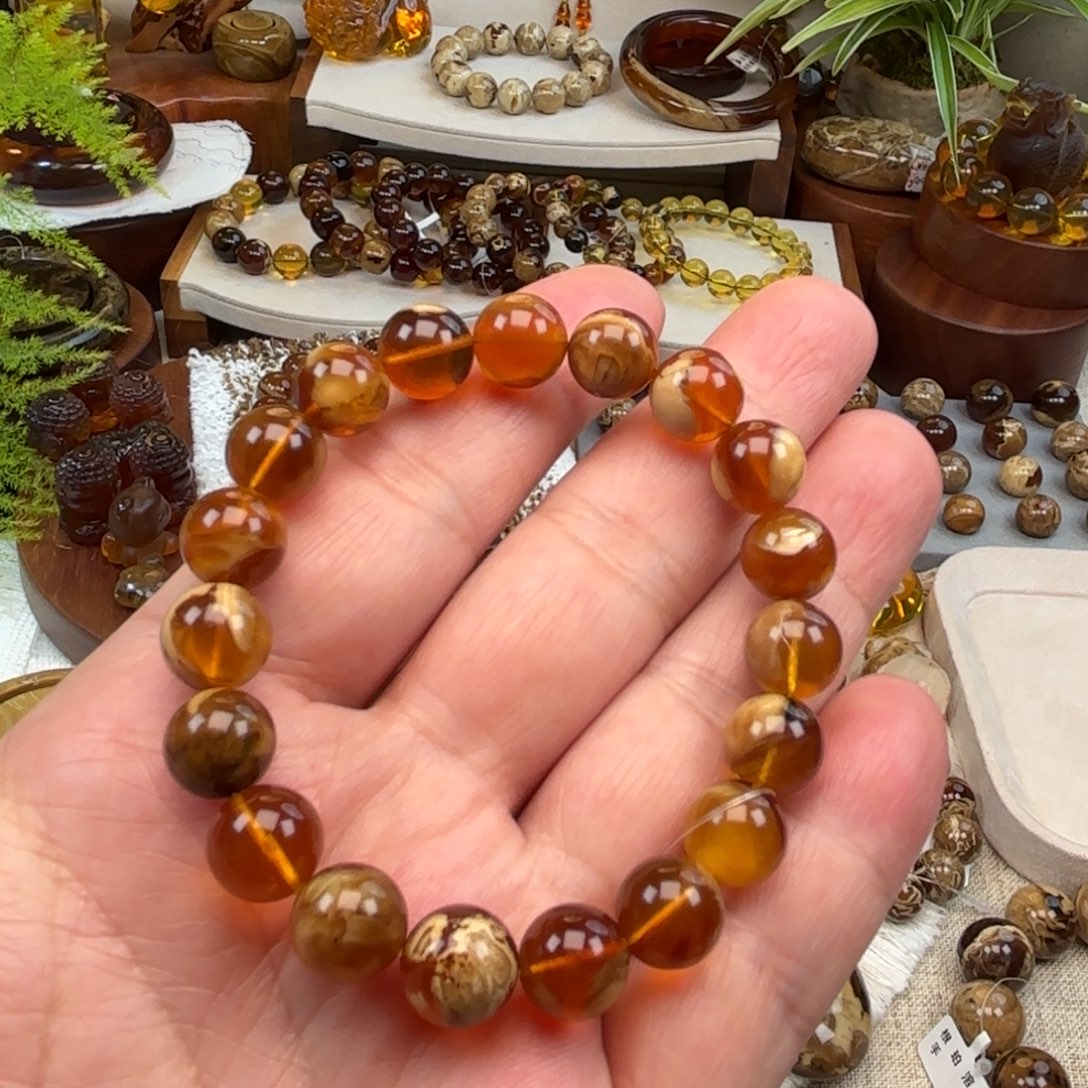 琥珀未镶嵌手链根珀溶洞妖花卡10