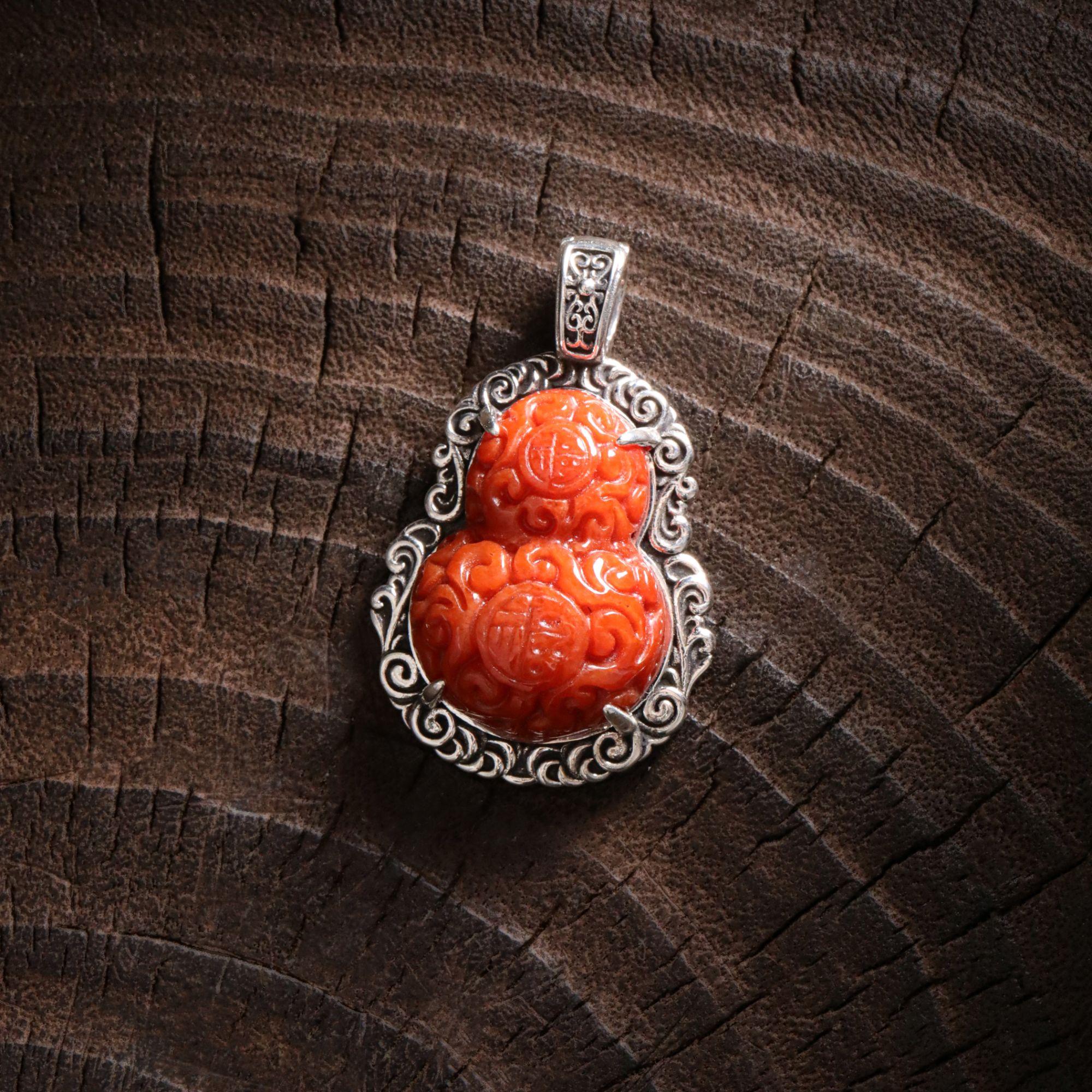 M8764 S925银复古做旧福字红翡翠葫芦吊坠复古百搭民族风手工挂坠