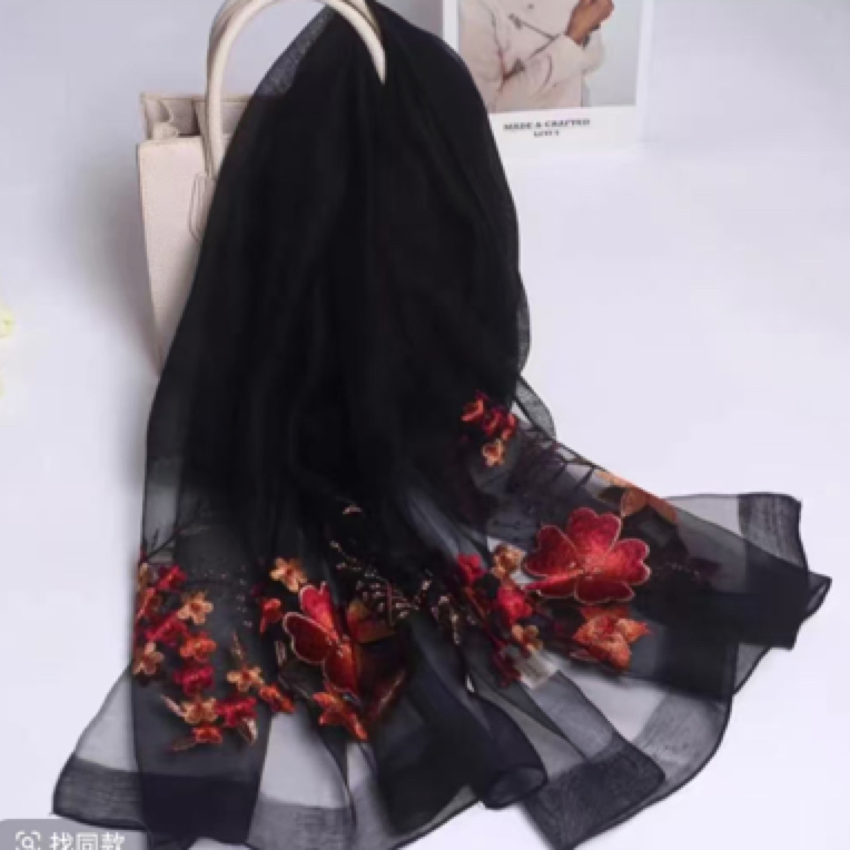 C120 黑色一枝独秀款 刺绣桑蚕丝羊毛围巾丝巾披肩75*175