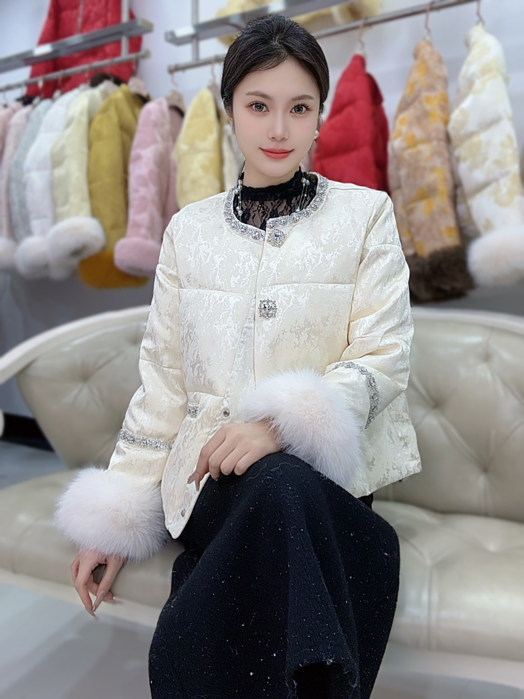 【许你耀眼】新中式秋冬气质亮钻圆领加厚棉服外套