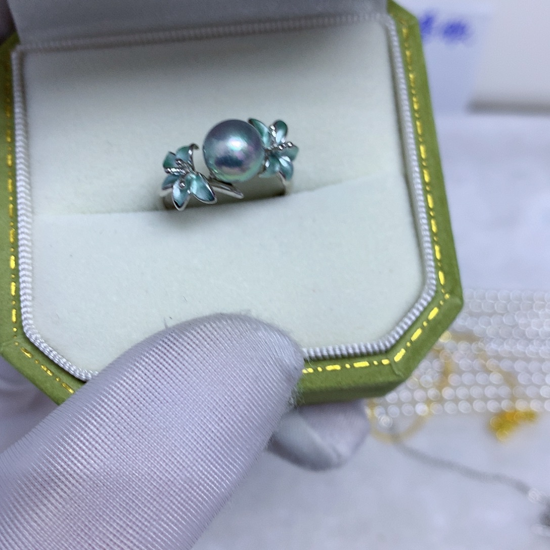 银S925镶嵌戒指海水珍珠7-8