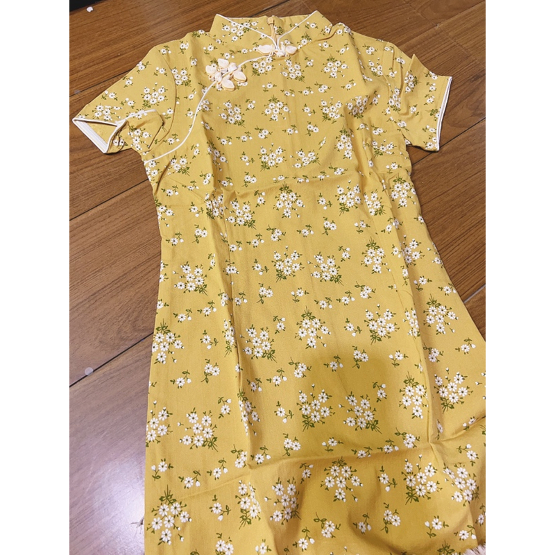 V-2527 黄花 绵 夏款年轻款改良旗袍95cm短款