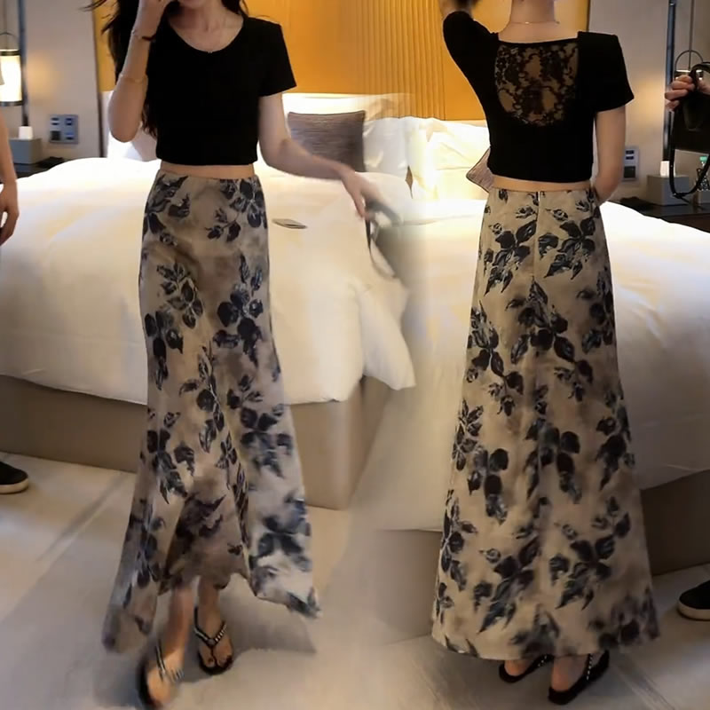 【有运费险】气质减龄高腰印花半身裙套装女2025夏季新款时尚两件套