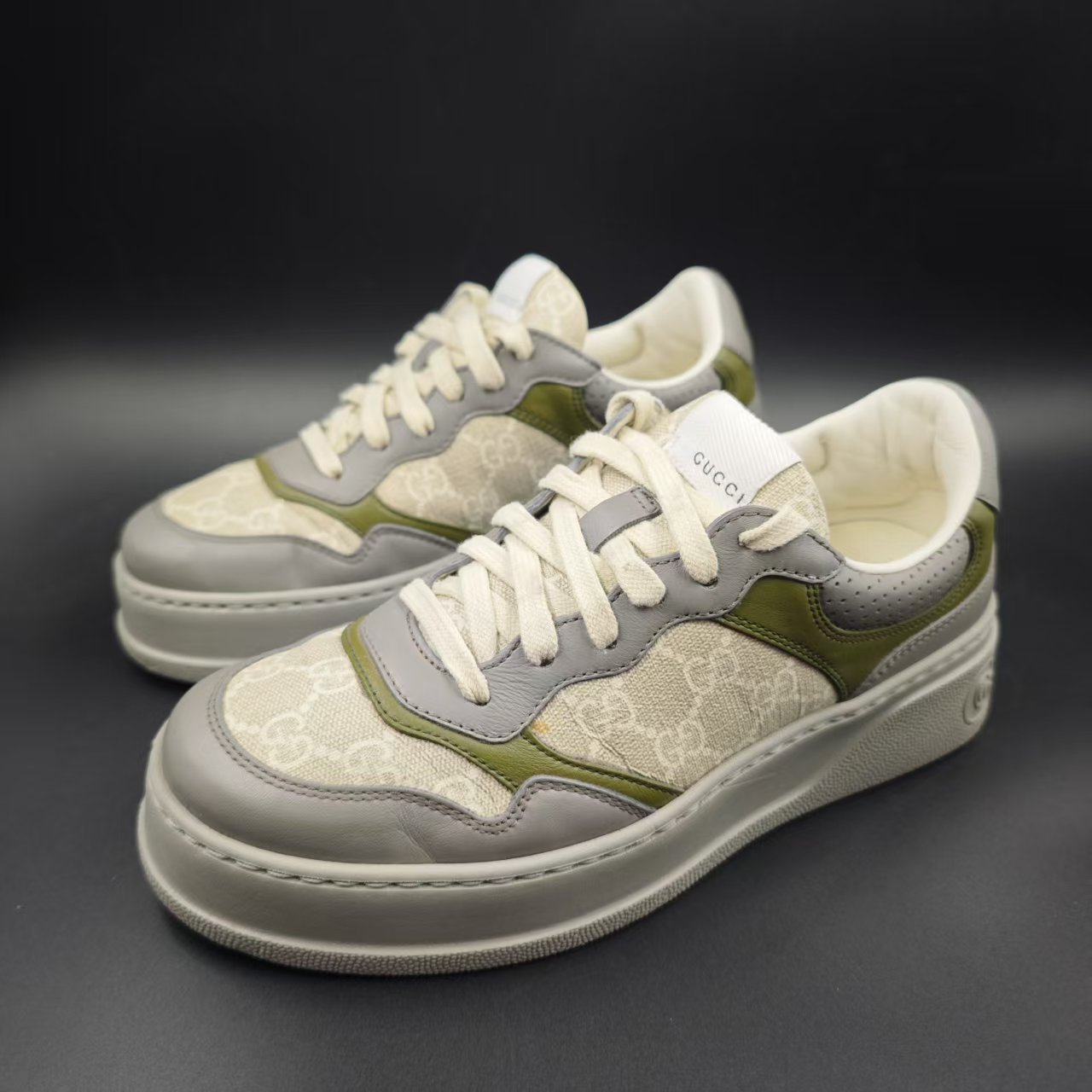 95新 GUCCI/古驰 男士时尚经典百搭灰绿厚底饼干鞋39.5欧码 xh172