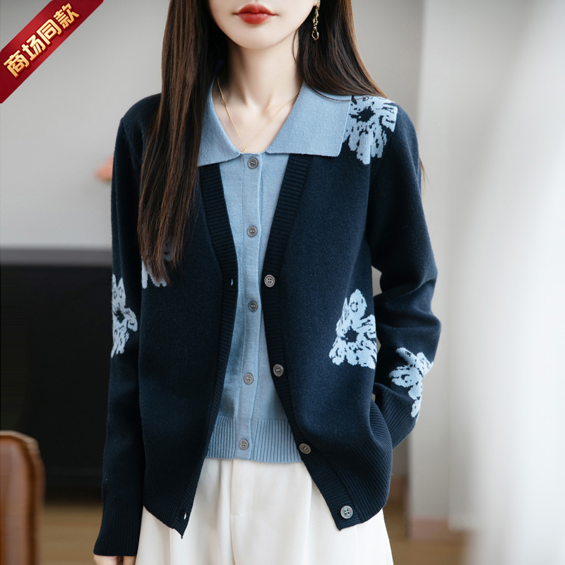 专柜同款100%羊绒衫女假两件开衫秋季新款宽松显瘦时尚百搭上衣