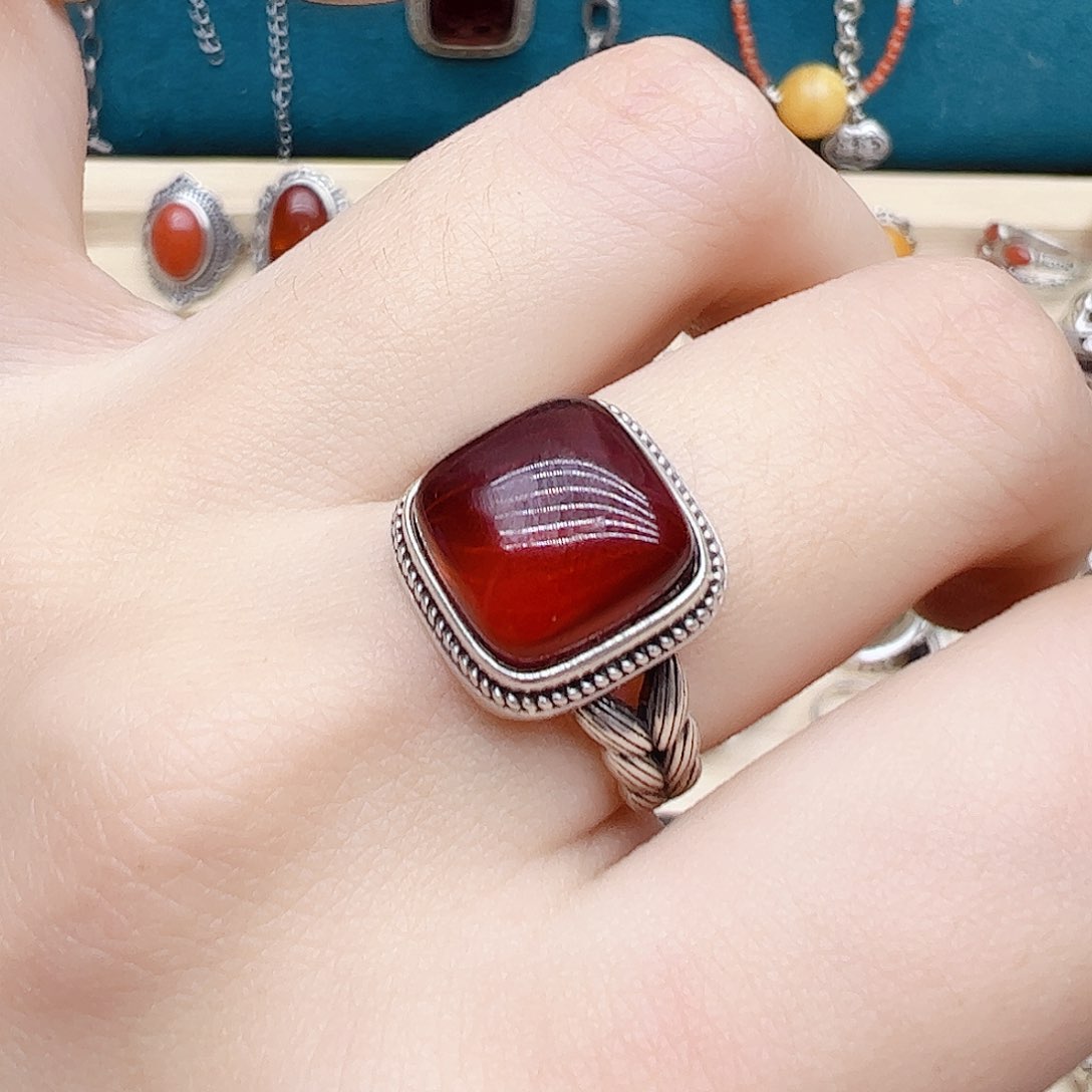 血珀戒指银S925镶嵌天然