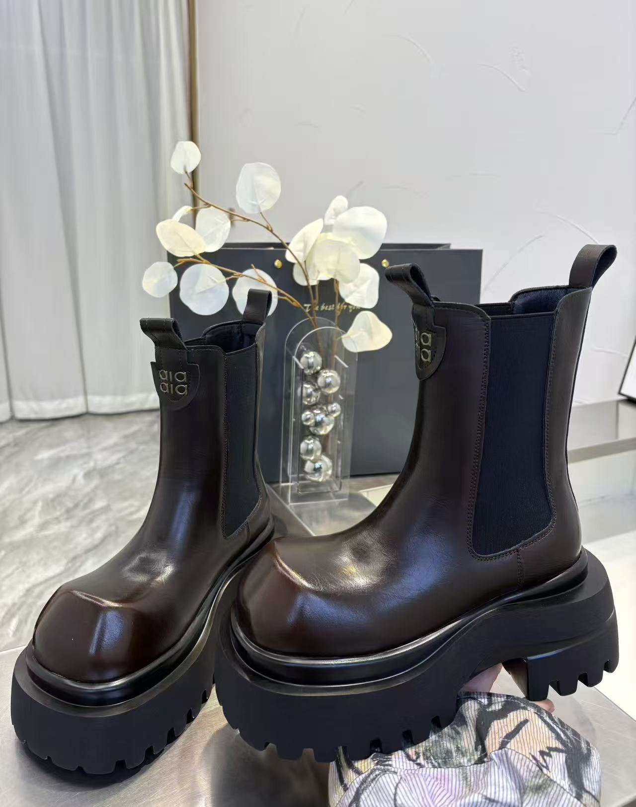 唐小肉增高粗跟秋冬季烟筒靴头高智明星同款百搭时尚177-18