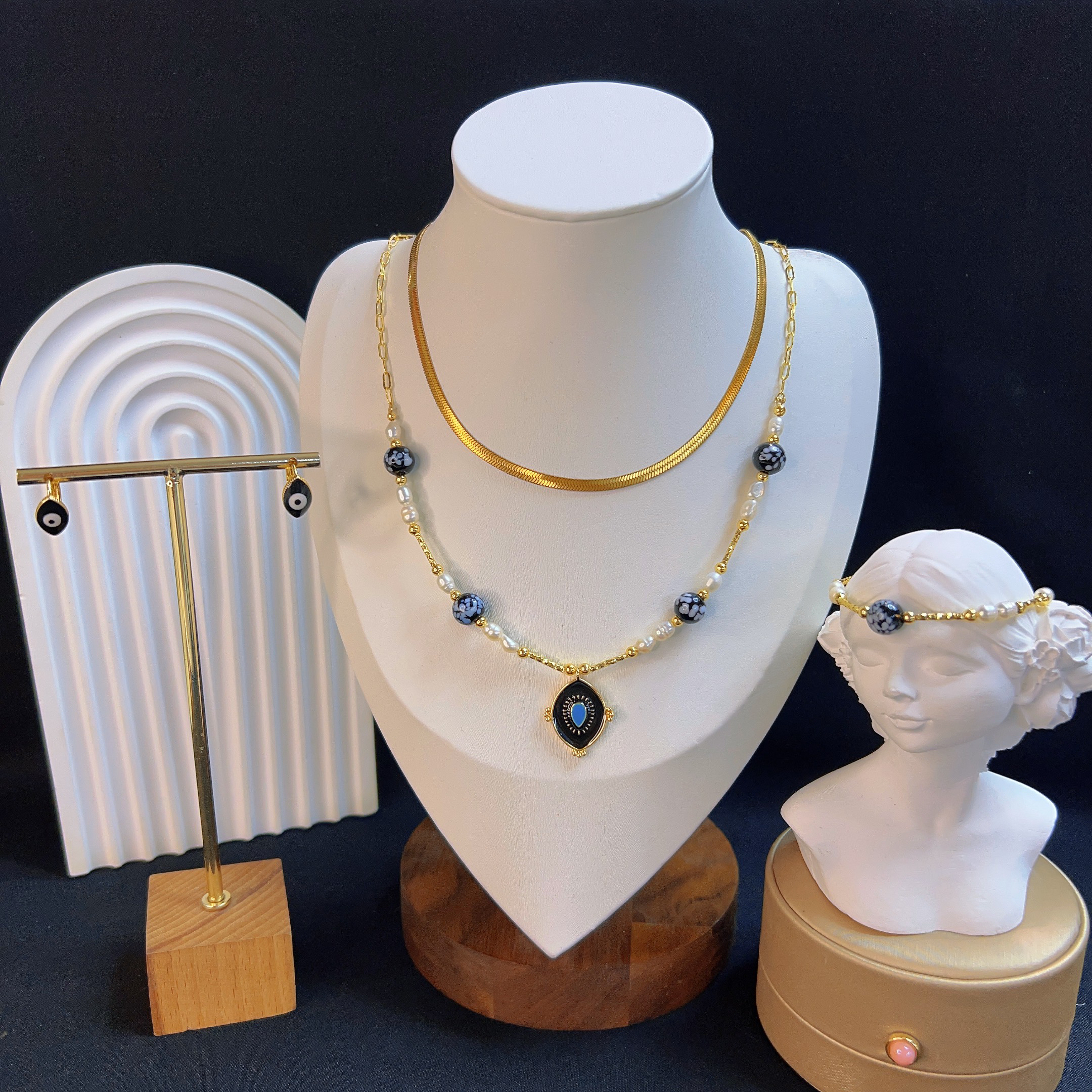 铜合金仿珍珠项链 哈尼西牧时尚百搭三件套#0009225