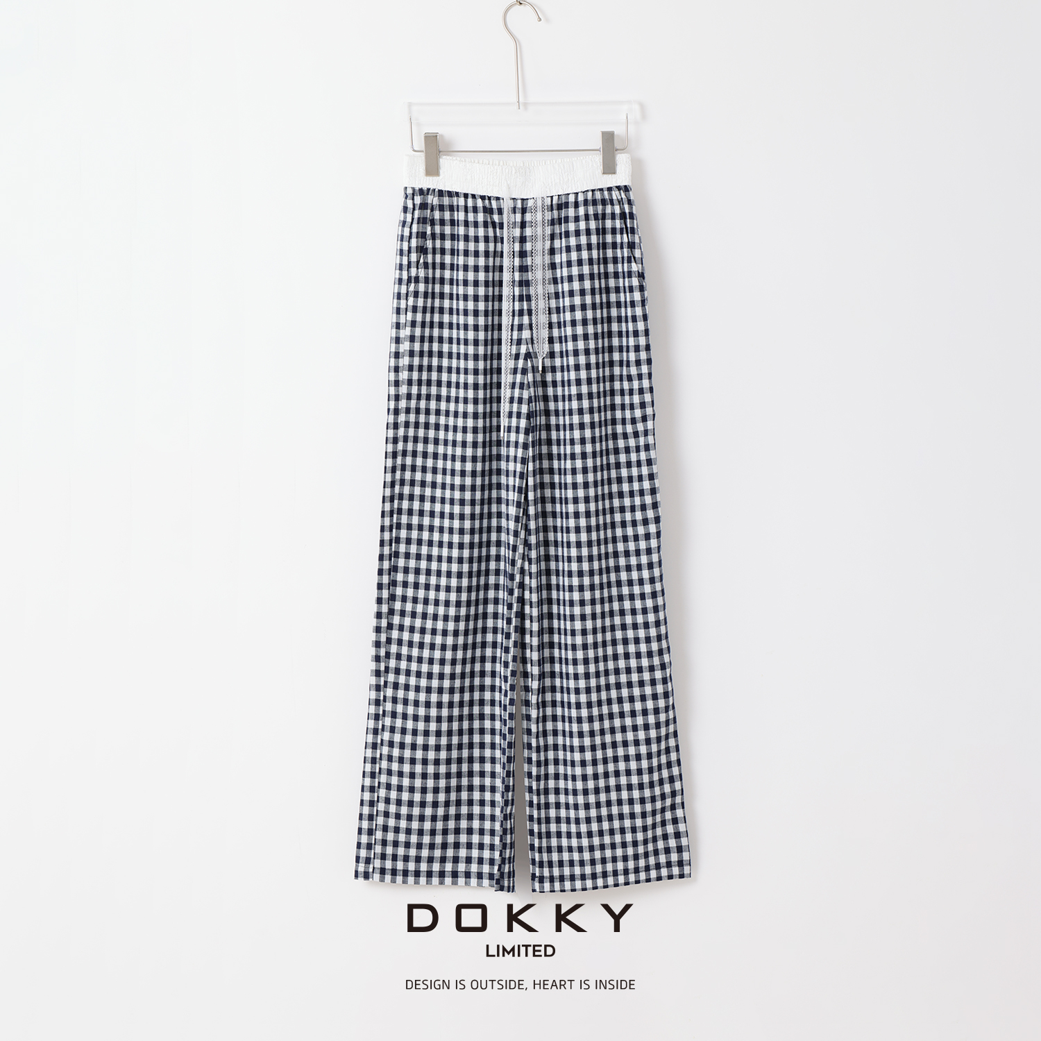 Dokky「像素芭蕾裤.紫标」定纺麻料莱赛尔蕾丝钩花格纹直筒裤LB0215