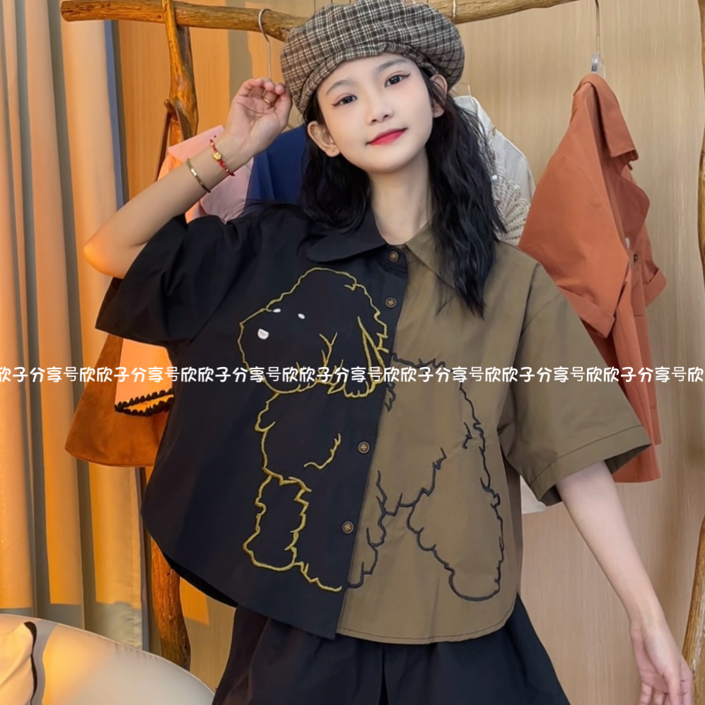   XZ “招财旺运”原创重工刺绣椭圆领旺财短袖衬衫   时尚