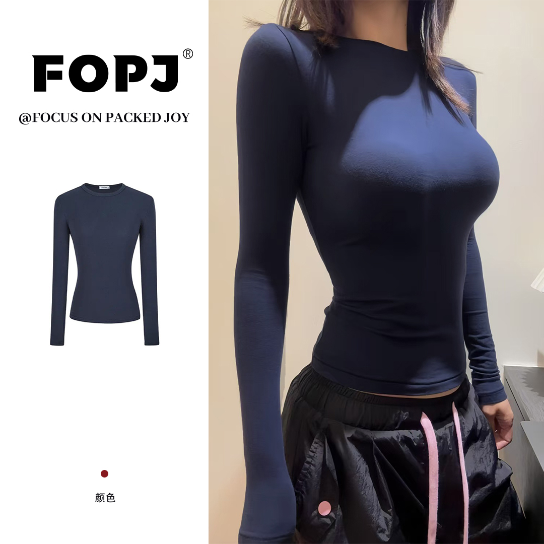 FOPJ美式复古t恤女款时尚休闲百搭运动风紧身显瘦长袖圆领打底衫