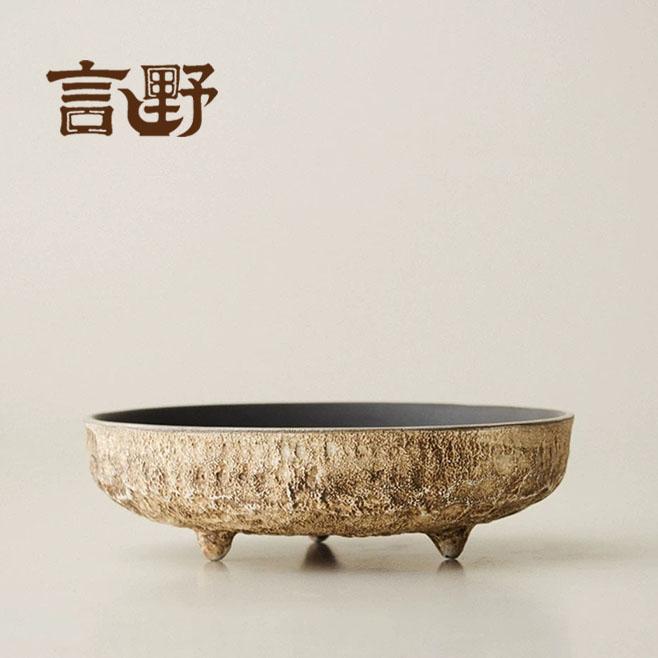 言野手作 原矿手工老岩泥三足壶承家用茶盘干泡盘粉引茶道配件