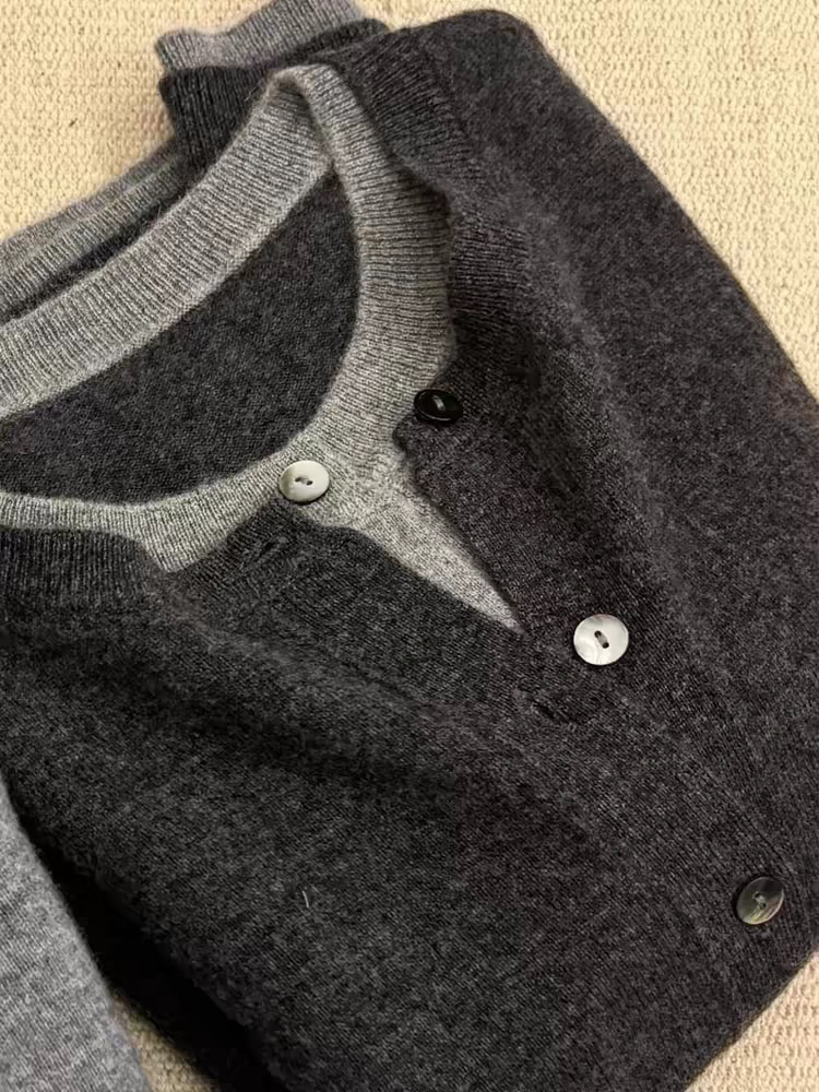 格雷系假两件针织毛衣外套女2025春季新款深灰色高级感羊毛开衫