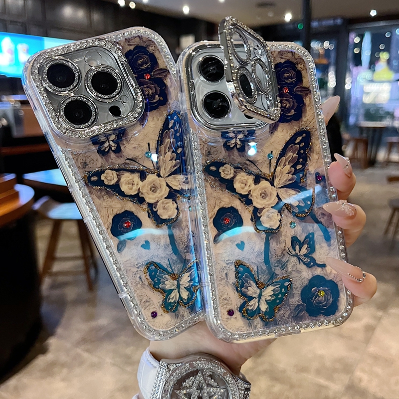 适用苹果系列iPhone16新款手机壳黑白玫瑰蝴蝶全包镜头膜钻框支架