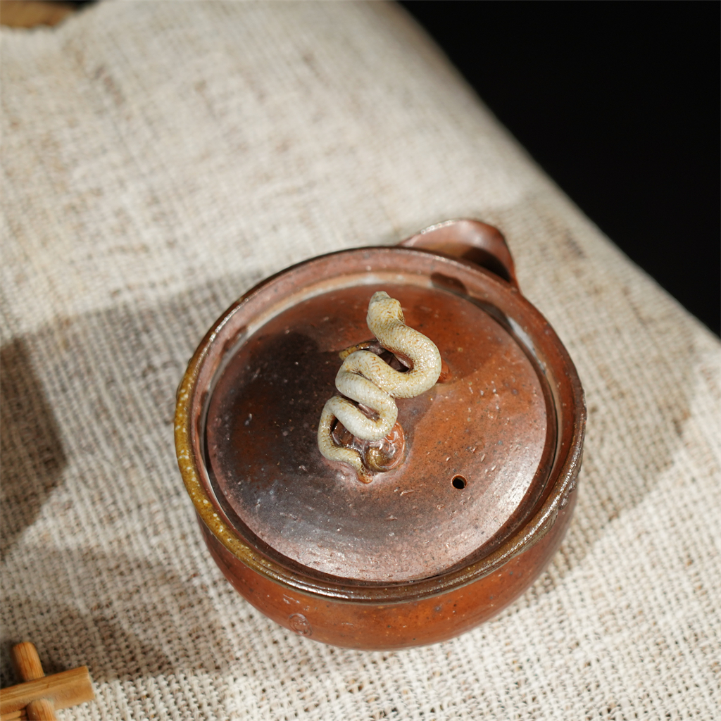 箐山堂如意灵芝蛇宝瓶130ml 柴烧裸烧原矿陶泥纯手工 中式手抓壶 