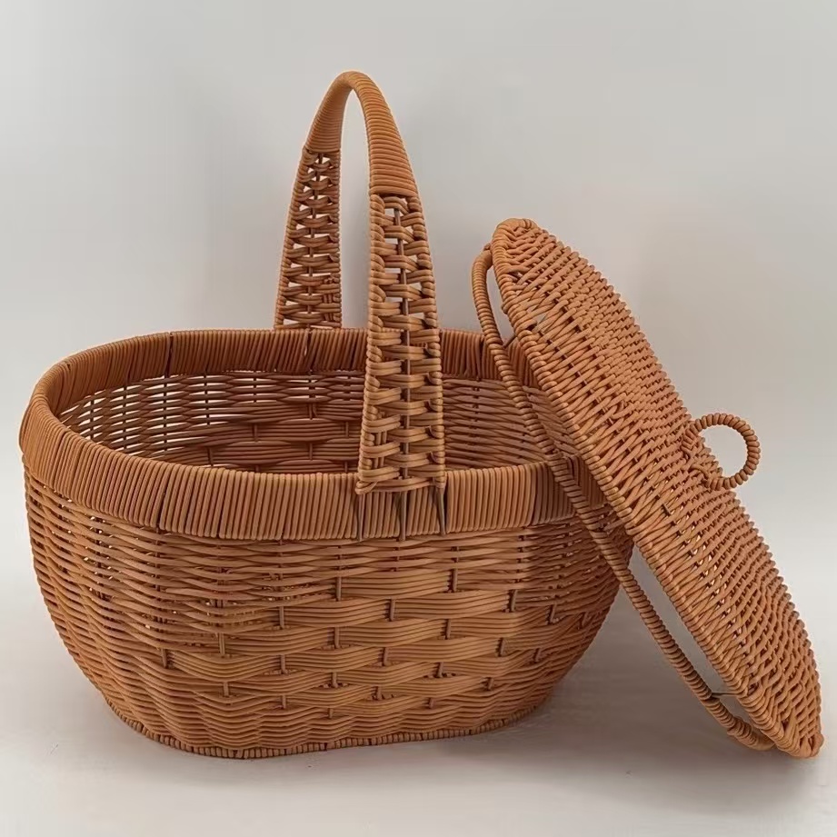 J20旦形带盖单提手简约郊游收纳篮子纯手工编织