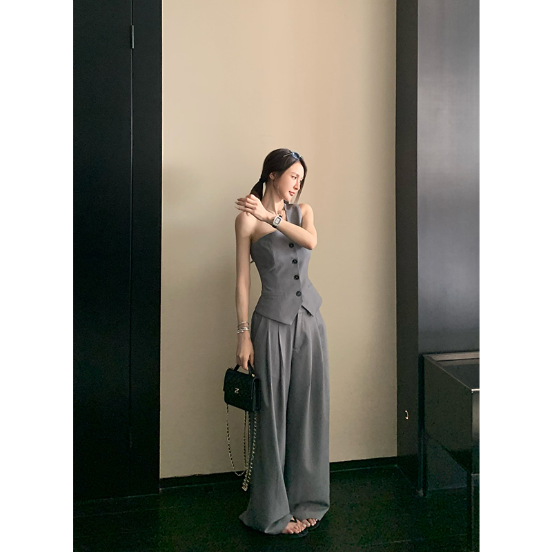 SKKSkk Store 肩部聚焦 羊毛醋酸桑蚕丝斜肩西装马甲休闲西裤套装