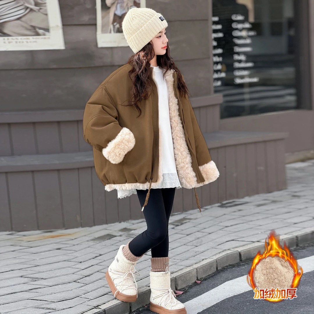 女童加绒加厚派克服外套冬装2025新款大童时髦韩系双面穿毛毛衣潮
