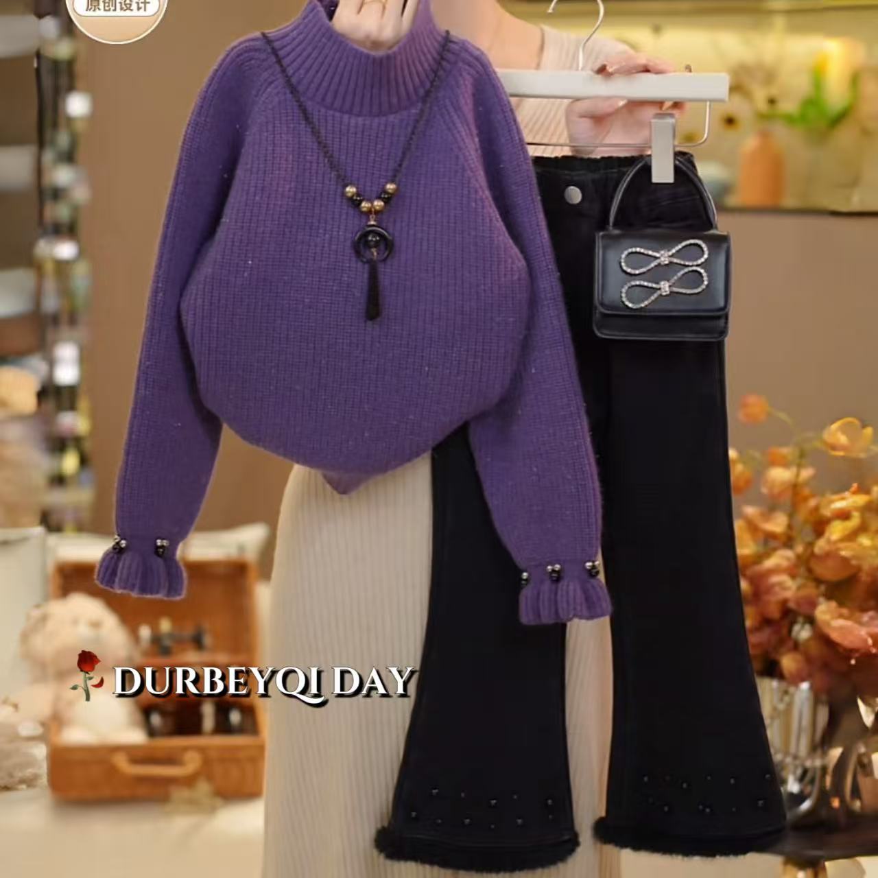 女童2025冬季新款韩版纯色半高领毛衣百搭加绒牛仔长裤套装5954