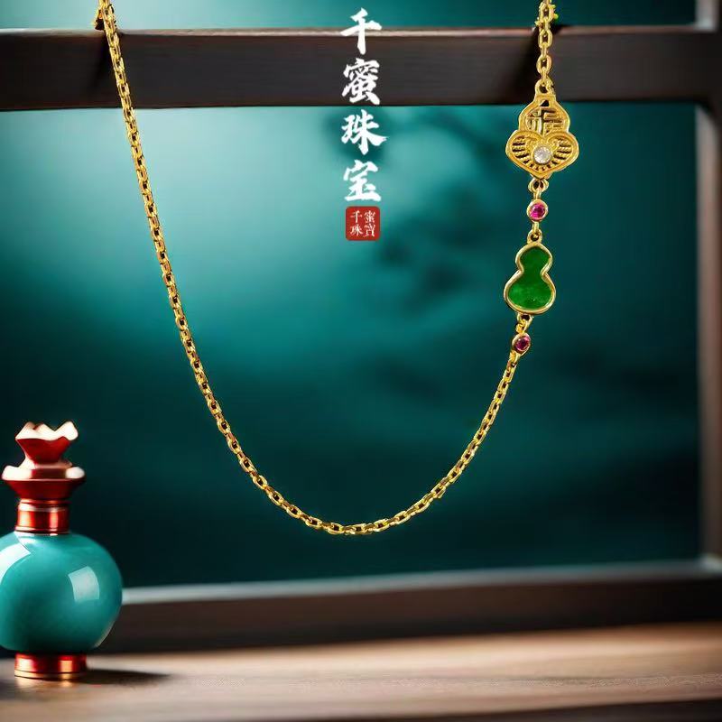 S925天然缅甸A货翡翠升级版福禄双收葫芦项链6H159