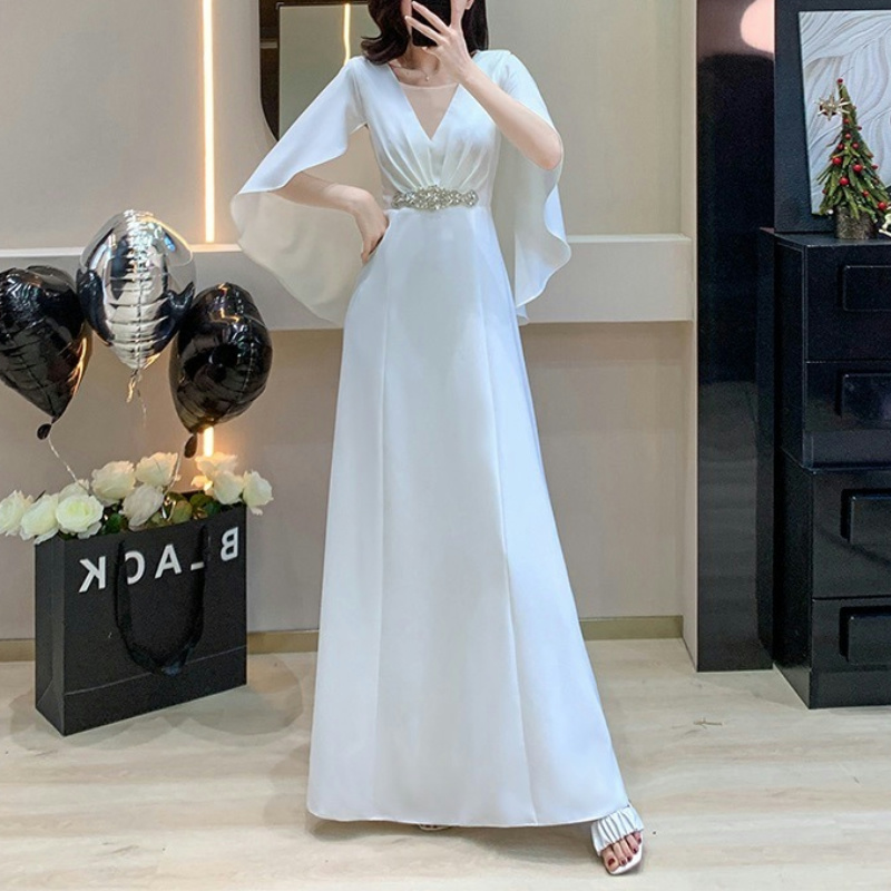 高级感法式连衣裙夏季新款气质收腰斗篷白色礼服长裙S1329