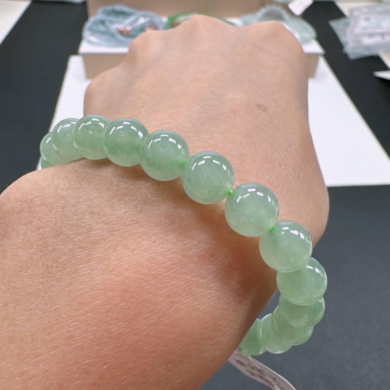 2071天然A货翡翠卡8.2mm老坑冰种水润葡萄肉圆珠单圈女士手串